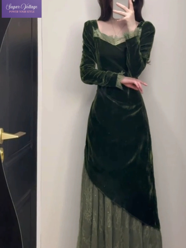 French Vintage Elegant Velvet  - đánh giá và giá Women'S Green Formal Wear