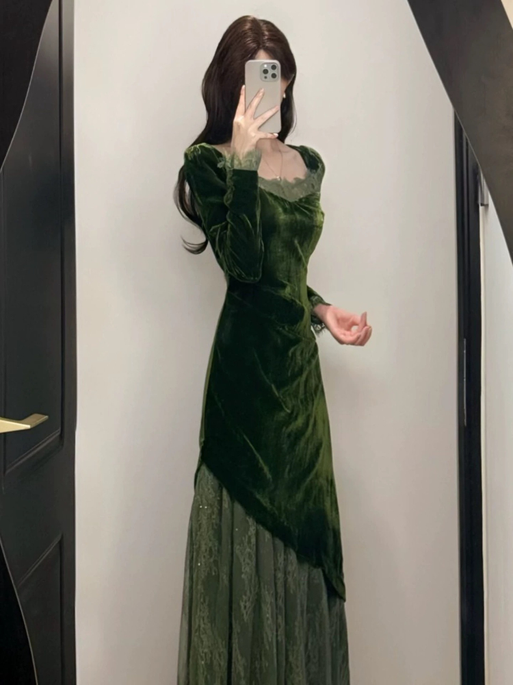 French Vintage Elegant Velvet  - đánh giá và giá Women'S Green Formal Wear