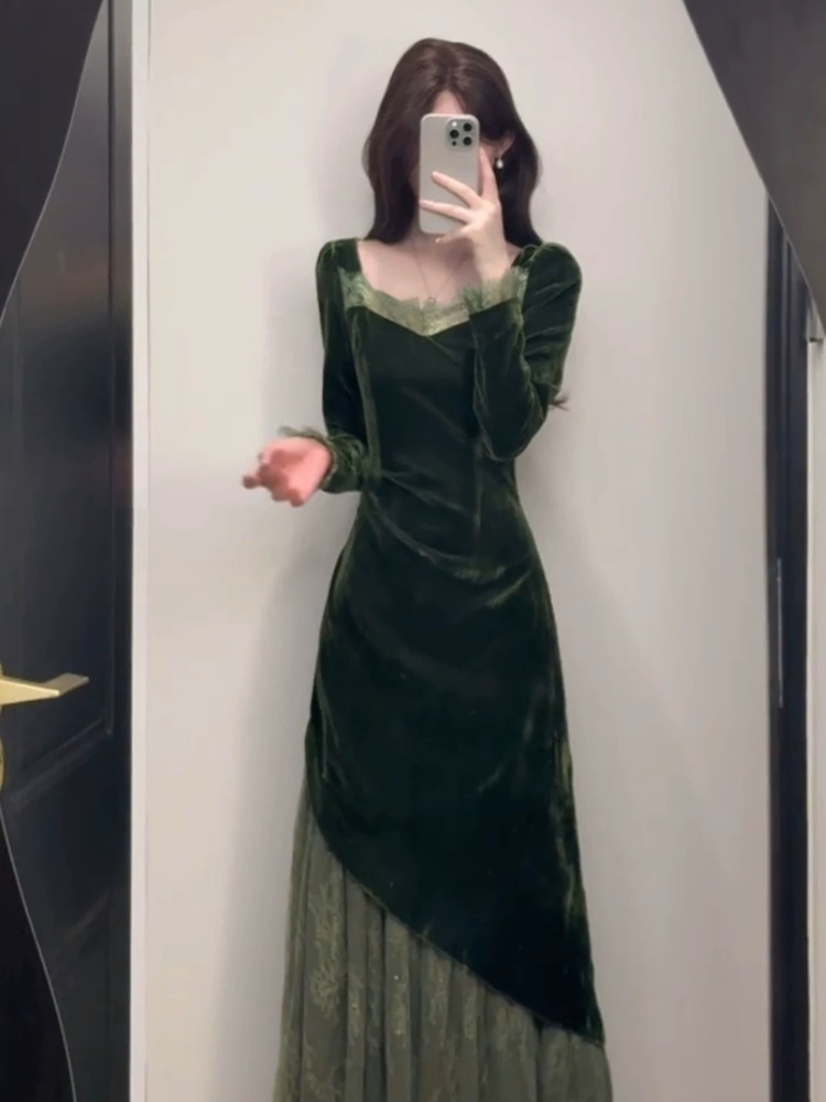French Vintage Elegant Velvet  - đánh giá và giá Women'S Green Formal Wear