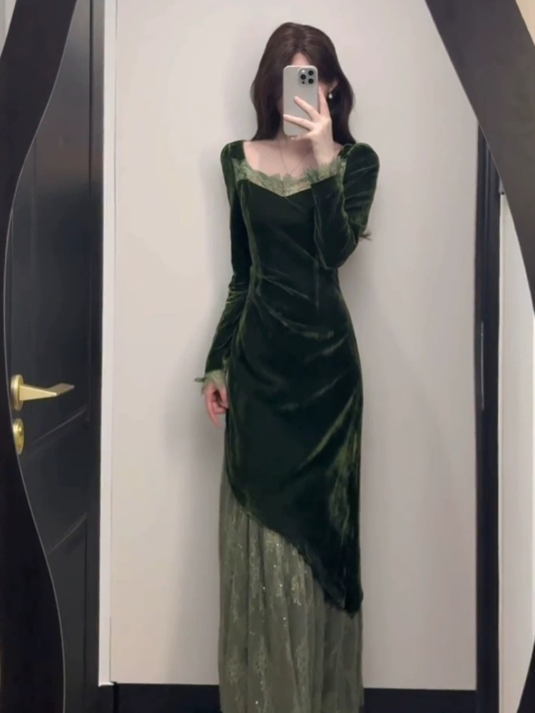 French Vintage Elegant Velvet  - đánh giá và giá Women'S Green Formal Wear